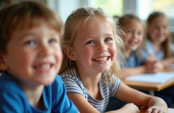 Happy children sit at wooden desks inside bright school classroom. Small diverse students smile together during daily lesson. Positive boys, girls listen to teacher with joy. Primary school pupils
