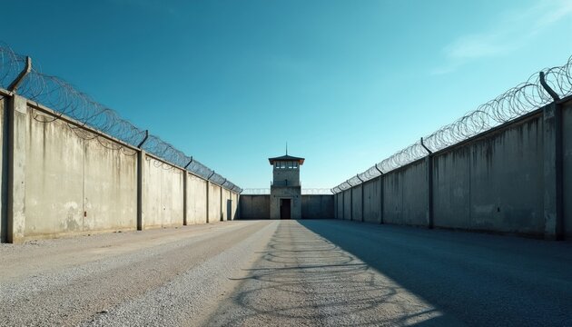 High concrete walls with barbed wire surround empty prison yard. Watchtower stands central under bright clear sky. Security perimeter, confinement concept, strict border.