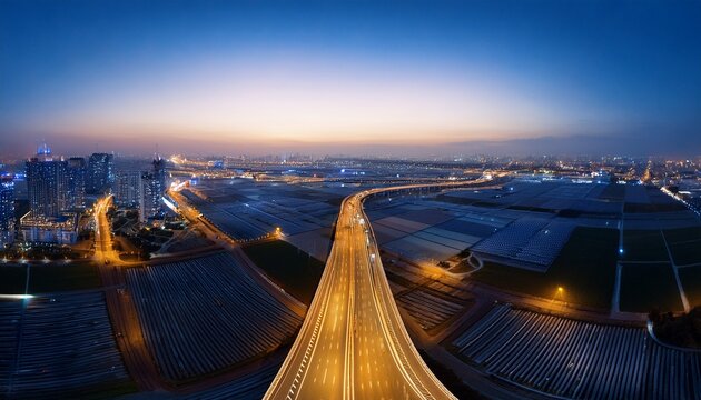 over road city highway at night bird eye viwe drone top view