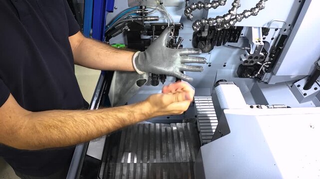 A worker demonstrates the importance of wearing protective gloves before working inside an industrial machine. Concept of workplace safety, PPE compliance, machine maintenance, and accident prevention