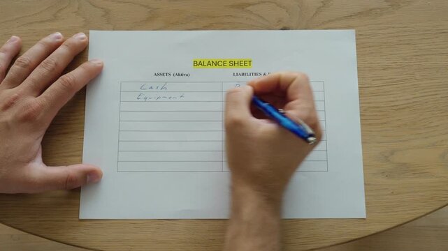 A person writes financial information on a balance sheet to track income and expenses. Concept of accounting, bookkeeping, budgeting, and personal finance management.