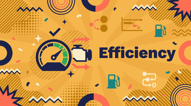 Efficiency concept banner with speedometer gauge, fuel pump, checkmark, workflow arrows, and engine illustration