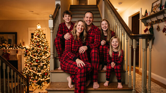 Happy family in matching pajamas celebrating Christmas on stairs with tree