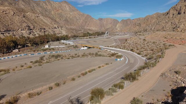 Aerial View of Racetrack, Motor Racing Circuit, Motordrome in Wild Andean Mountains, Eduardo Copello El Zonda Quebrada de Zonda San Juan Argentina