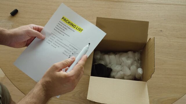 Checking a packing list before shipping an order. Ideal for warehouse, logistics, ecommerce, packaging, and quality control concepts.