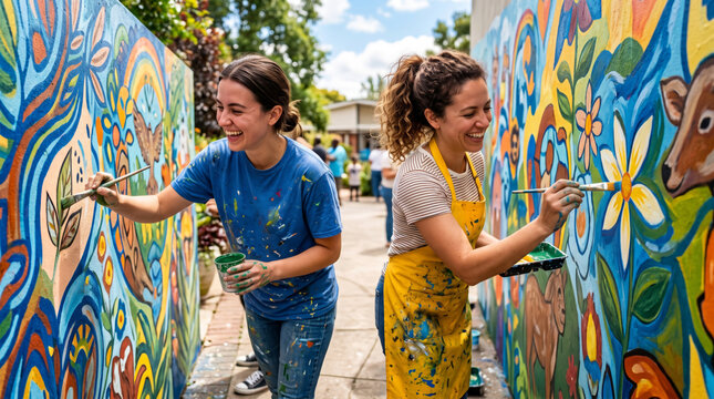 Two women happily painting a colorful mural outdoors on a sunny day