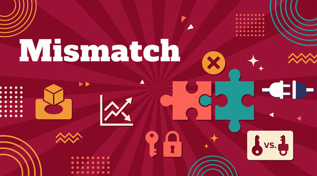 Mismatch concept banner with incompatible puzzle pieces, wrong key and lock, unplugged connector, and declining chart illustration