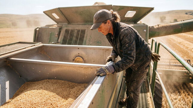 Farmer operating combine harvester during wheat harvest in a golden field