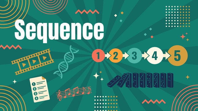 Sequence concept banner with numbered steps, dominoes, film strip, DNA strand, and music notes illustration