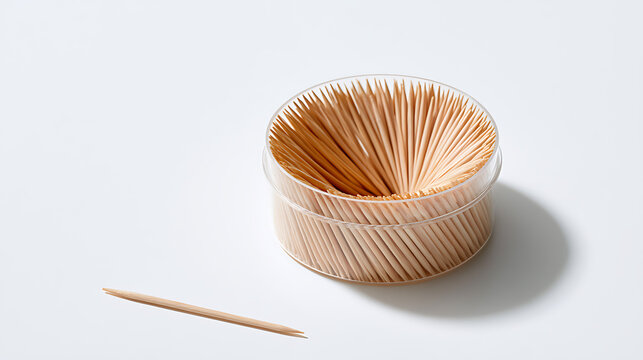 Natural Wood Toothpicks in Clear Dispenser with One Loose Pick on Clean White Background, Studio Shot, Hygiene