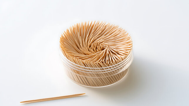 Wooden Picks in Clear Container and Single Pick on White Background for Hygiene and Culinary Use