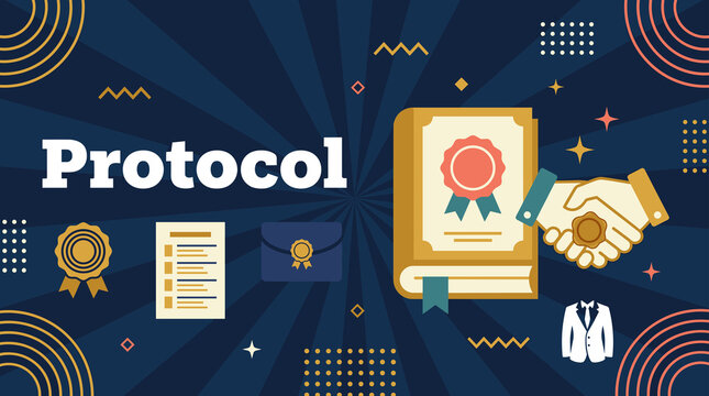 Protocol concept banner with sealed book, handshake, certificate badge, envelope, and formal suit illustration