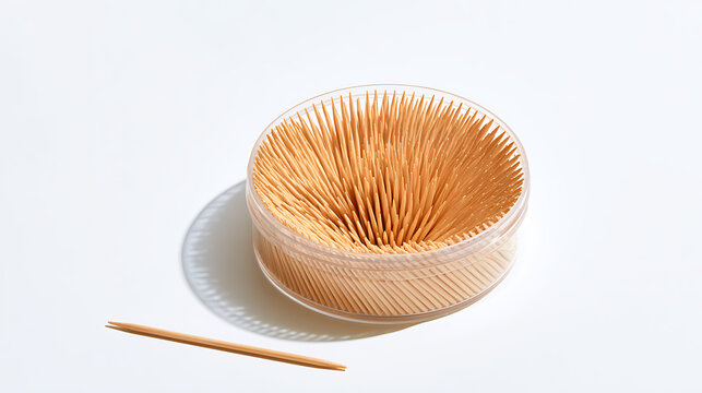 Natural Wood Toothpicks in Clear Container with One Loose Pick on White Background, Simple and Clean Still Life