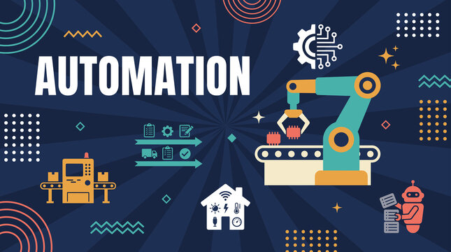 Automation concept banner with robotic arm, conveyor belt, smart home, workflow arrows, robot, and circuit gear illustration