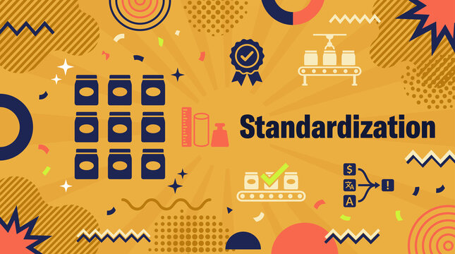 Standardization concept banner with uniform packaging, conveyor belt, quality badge, ruler, and measurement illustration