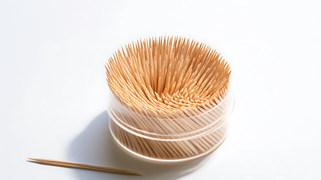 Natural wood toothpicks stand upright in a clear container with one toothpick lying flat on a pristine white background