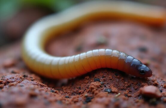 Close up of earthworm on wet soil. Segmented invertebrate with dark head moves slowly through damp earth. Macro shot of wild creature in natural habitat during spring.