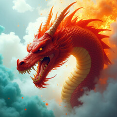 Fototapeta premium Fierce red dragon head emerges from magical blue, orange clouds. Mythical beast sharp teeth, golden eyes. Giant creature looks dangerous in sky. Fantasy art style shows reptile scales horns, vibrant