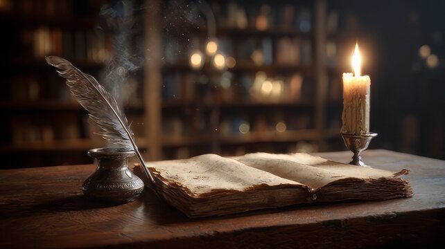 Vintage quill and inkwell on open parchment book, ancient library desk with candle light, dark academic aesthetic for storytelling