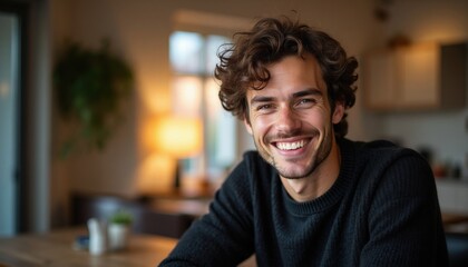 Fototapeta premium Young man with curly hair smiles at camera. He wears a dark sweater sitting indoors at a table. He looks happy and confident. Casual portrait.