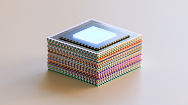Vibrant Stack of Layered Cards with Illuminated Display: A Creative Representation of Digital Information and Physical Media