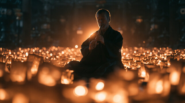 Japanese Musician Playing Shakuhachi Flute Surrounded by Glowing Lanterns