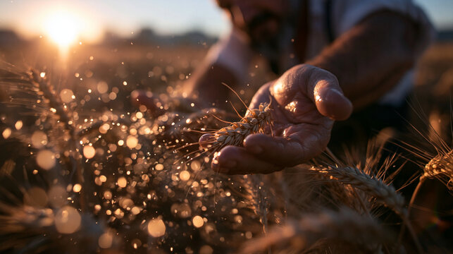 Farmer Hand Checking Wheat Crops in Sunset Field