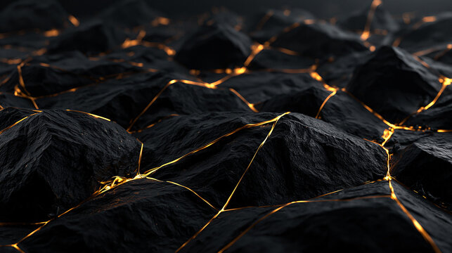 Cracked Black Stone Surface with Glowing Gold Fissures