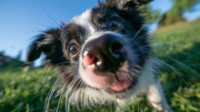Funny Border Collie Puppy Sniffing Camera Lens Outdoors