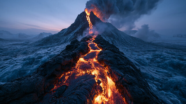 Volcano Erupting with Molten Lava Flow Across Snowy Landscape