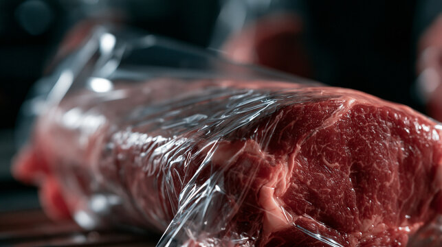 Raw Beef Meat Vacuum Packed in Plastic Film Wrap