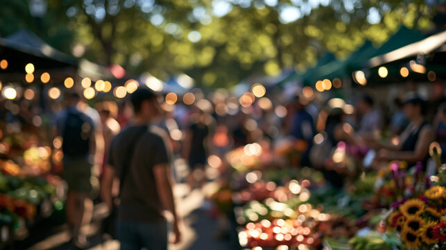 Blurred Bokeh Background of Bustling Outdoor Farmers Market