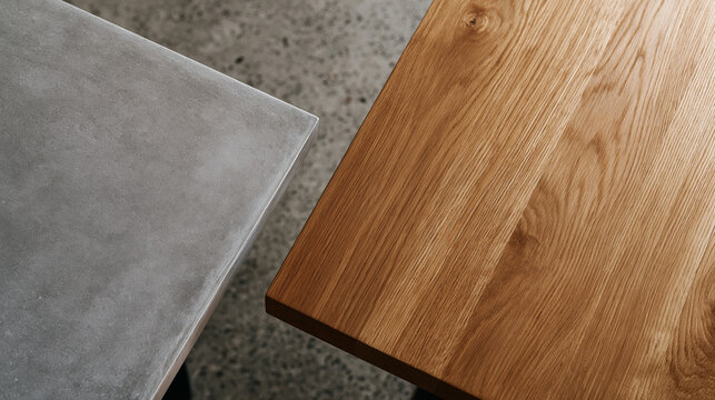 Modern Interior Materials with Wood and Concrete Tabletop Surfaces