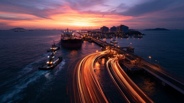 Aerial View of Oil Tanker at Industrial Marine Terminal at Sunset