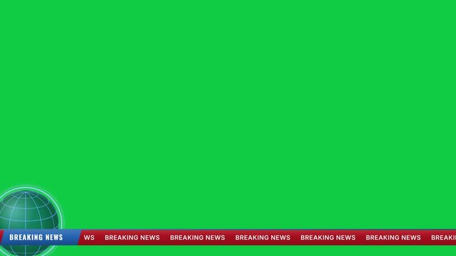 Broadcast news ticker lower third with 3D globe logo and breaking news headline strip on green screen