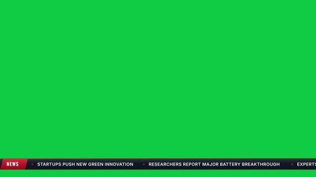 Television broadcast news lower third with red news badge and scrolling tech news ticker on green screen