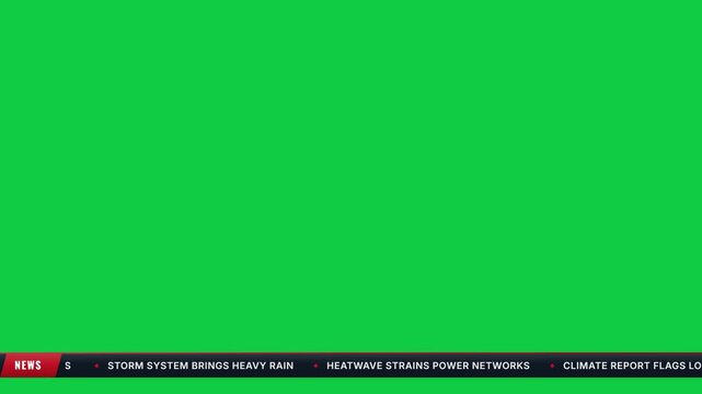 Television news ticker lower third strip with scrolling weather and environmental headlines on green screen