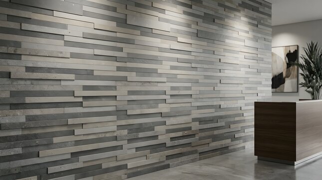 Modern stone wall texture in office lobby. Gray slate feature wall with 3D cladding. Contemporary interior design for reception background.
