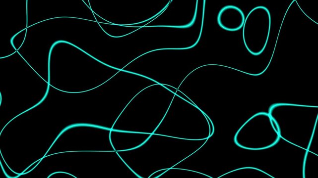 Glowing cyan electric curves and smooth line art weaving continuously on black background loop