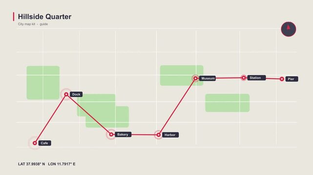 Animated light theme digital map UI interface tracing route waypoints in Hillside Quarter