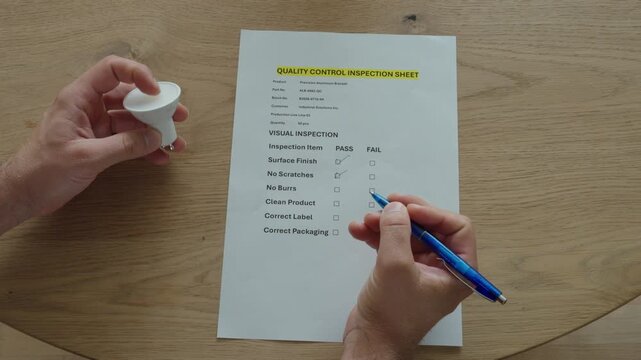 A person inspects a product while marking a quality control checklist. Concept of quality assurance, product inspection, manufacturing standards, and quality management.