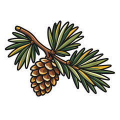 Obraz premium Vector illustration of a pine tree branch with green needles and a detailed brown pine cone isolated on white background