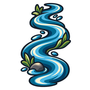 Vector illustration of a winding blue river stream with water flow and green plants in a cartoon style