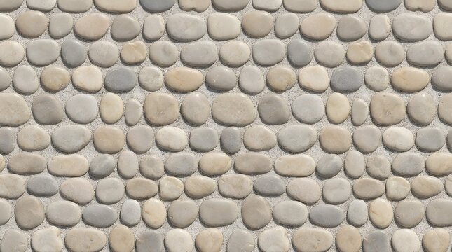 Natural river stone wall texture, smooth pebble mosaic background, beige and grey cobblestone pattern for architectural design and paving.