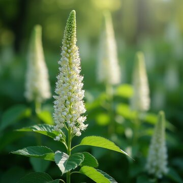 White baneberry plant blossoms in a sunlit garden. Delicate white flower spikes reach upwards with green leaves. Soft focus background with more white flowers.