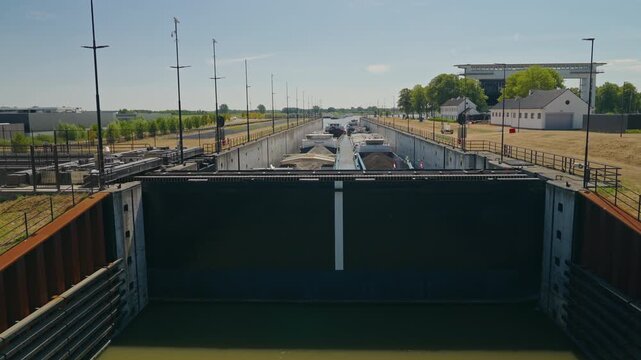 Barge ships loaded with raw materials wait inside a closed sluice chamber for transit, highlighting inland shipping, cargo transport and waterway infrastructure beneath a clear blue sky.