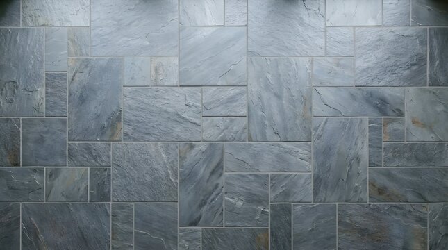 Natural slate stone wall texture, grey marble tile background with organic mineral veins, architectural masonry surface for interior design.