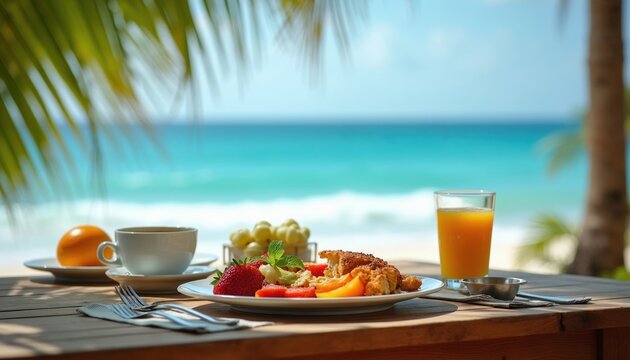 Healthy breakfast served on wooden table at tropical beach shore. Plate with fresh fruits, pastries near coffee cup plus orange juice glass. Summer morning meal outdoors with blue ocean view. Luxury