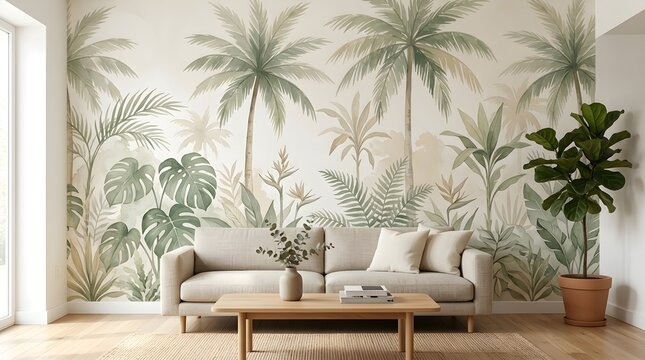 Tropical wallpaper mural in modern living room, botanical palm tree wall art decor, aesthetic interior design with sofa and wooden table.