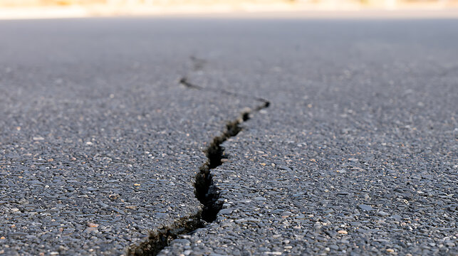 Close up view of a long, deep crack on a dark asphalt road surface, symbolizing damage, repair, or natural disaster